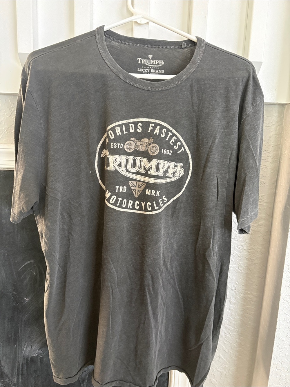 Lucky Brand Men's Charcoal Gray Graphic Tee with Vintage Triumph Logo